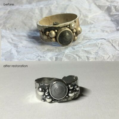 Recovered/Refurbished Silver Pebble Ring With Blackened Pearl By Patti Millington