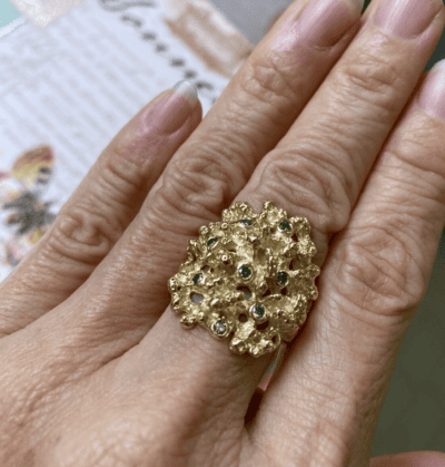 Lace Coral Reef 18K Gold Ring With Green Diamonds by Noryne Hiromoto Taylor