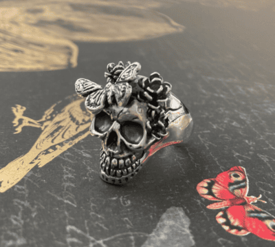 Festive Skull Sterling Silver Ring With Butterfly & Lokelani Rose Flowers by Noryne Hiromoto Taylor