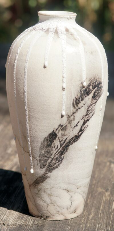 Horse Feathers - Horse Hair Raku Vase With Bubble Glaze In White/Black by Stephen Hoel