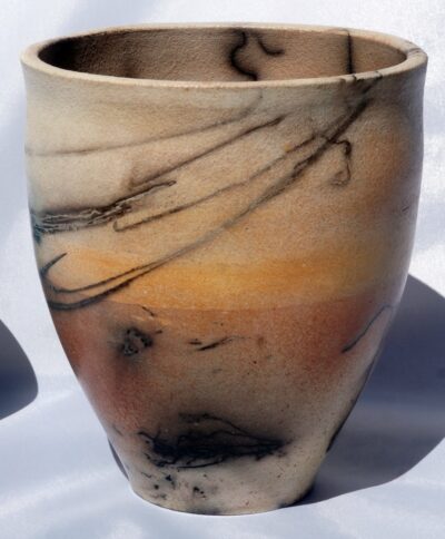 Makena Sunset - Horse Hair Raku Vase In Rust/Yellow/Tan/Black by Stephen Hoel