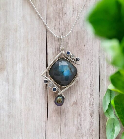 "Iʻi Aiwawa Hokua" Labradorite Sapphire Black Diamond Tahitian Pearl Necklace Sterling Silver by Yasha