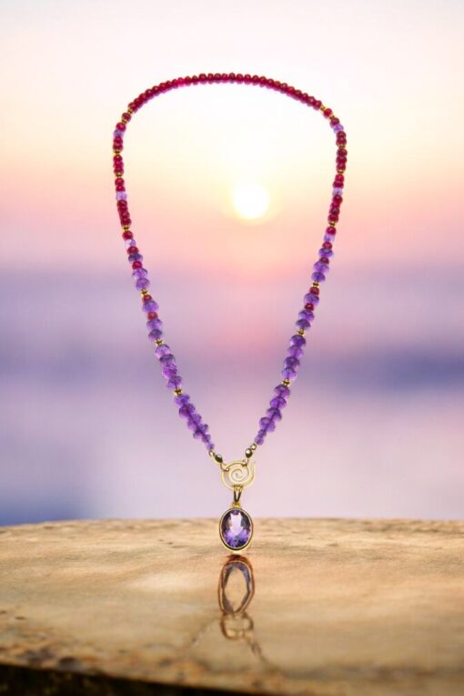 Rubiama - Amethyst, Ruby, and 22k Gold Bead Necklace with Oval Amethyst Pendant Set in 18k Gold by Yasha